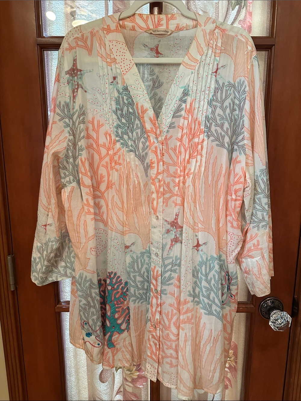 Soft Surroundings Coral & Teal ocean seascape Button-Front Tunic